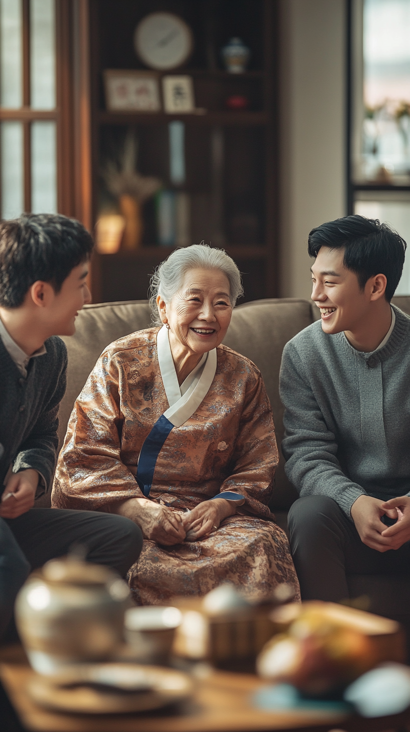 Korean family in cozy living room laughing together