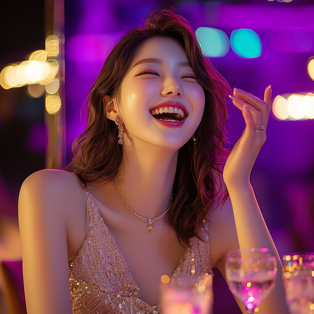 Korean girl, 19, brown hair in gold dress.