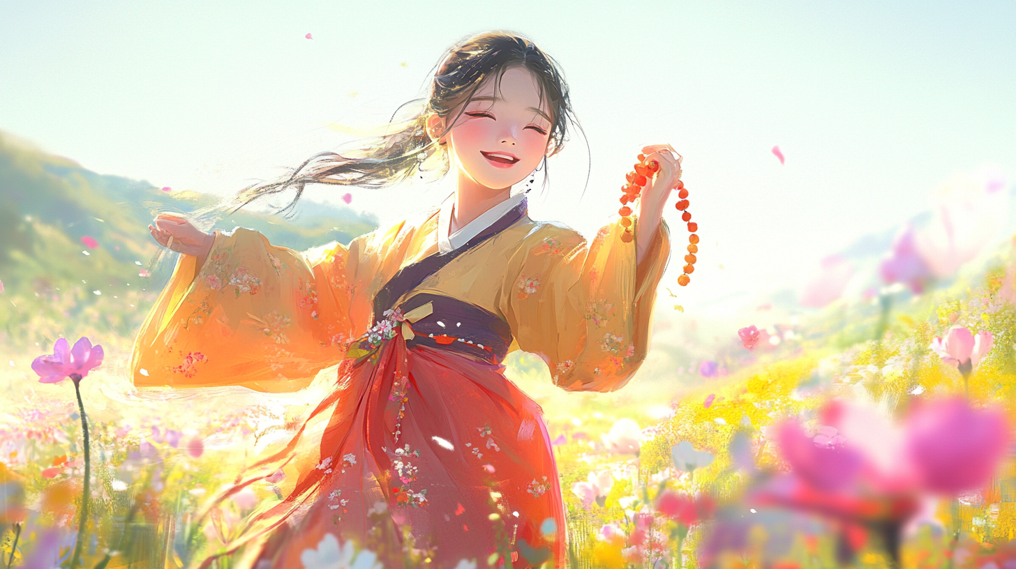 Korean girl dances joyfully in golden flower field.