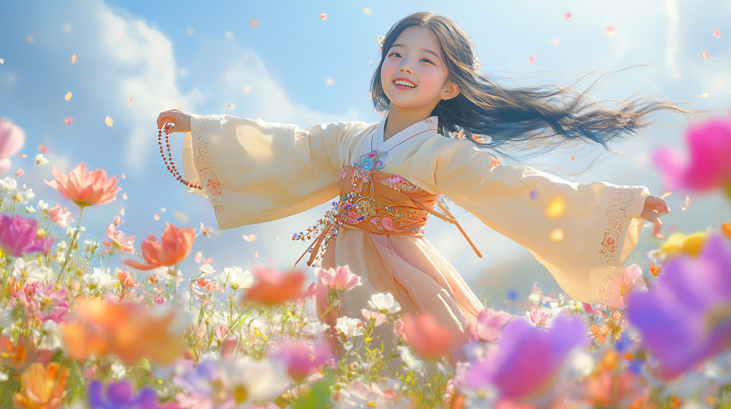 Korean girl in bodhisattva costume, dancing in flower field.