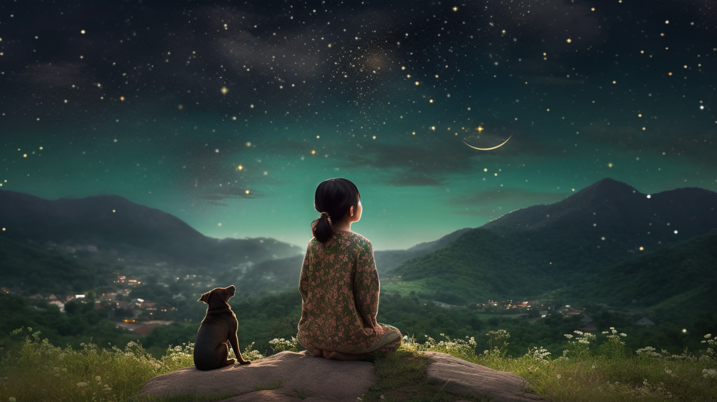 Korean girl in bodhisattva costume sits under starry sky.