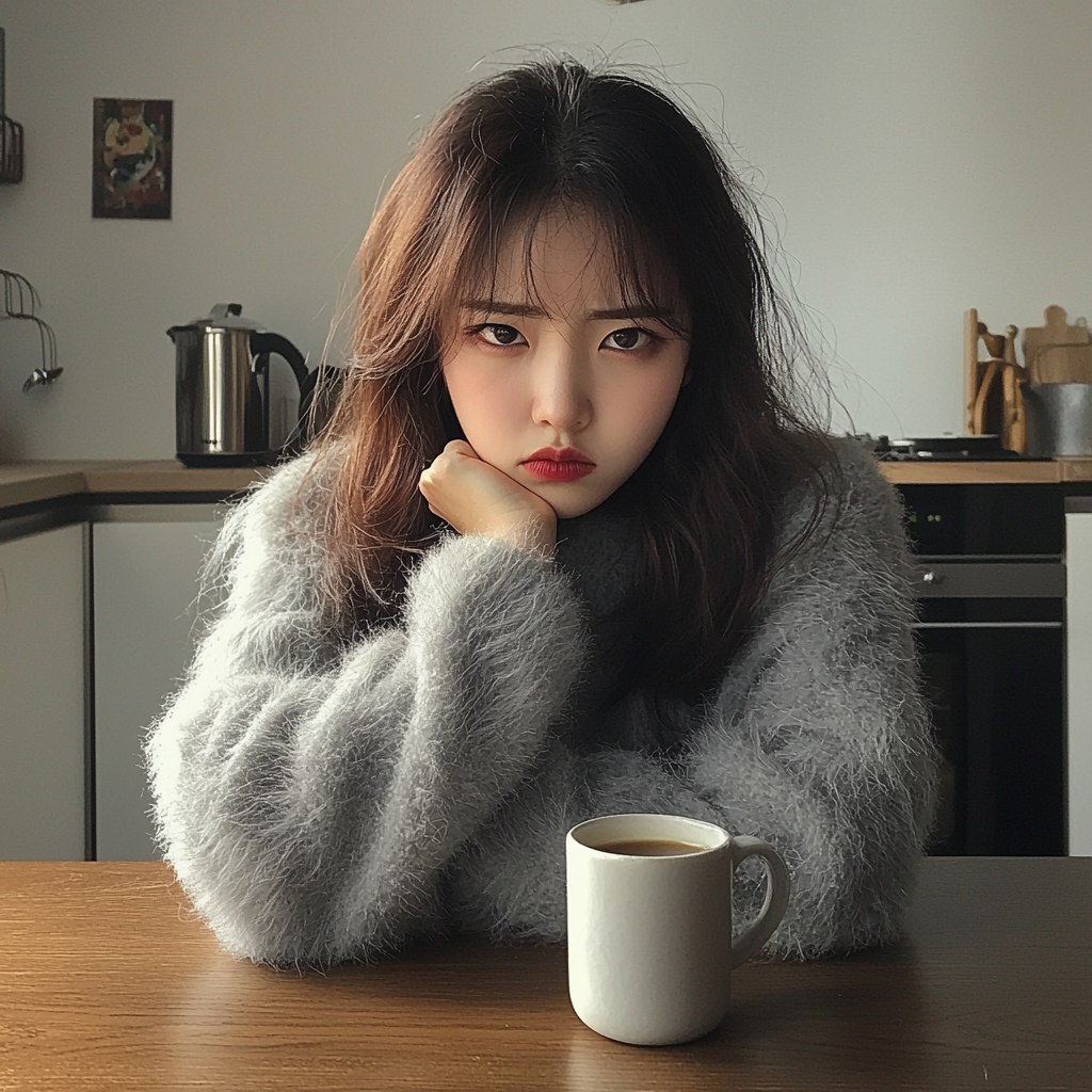 Korean girl in gray sweater, angry at kitchen table.