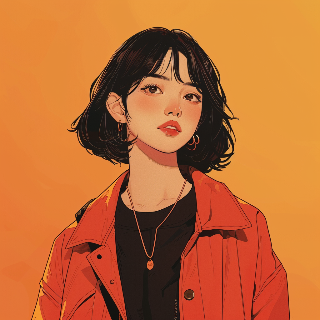 Korean girl in modern outfit, smiling confidently. Artistic illustration.