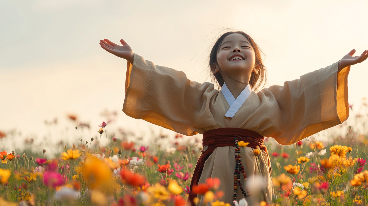 Korean girl monk dancing happily in flower field.