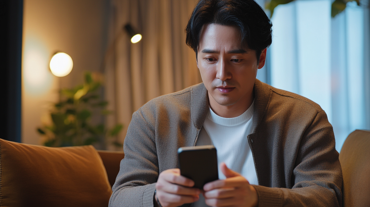 Korean man in 40s engrossed in live commerce broadcast on smartphone 