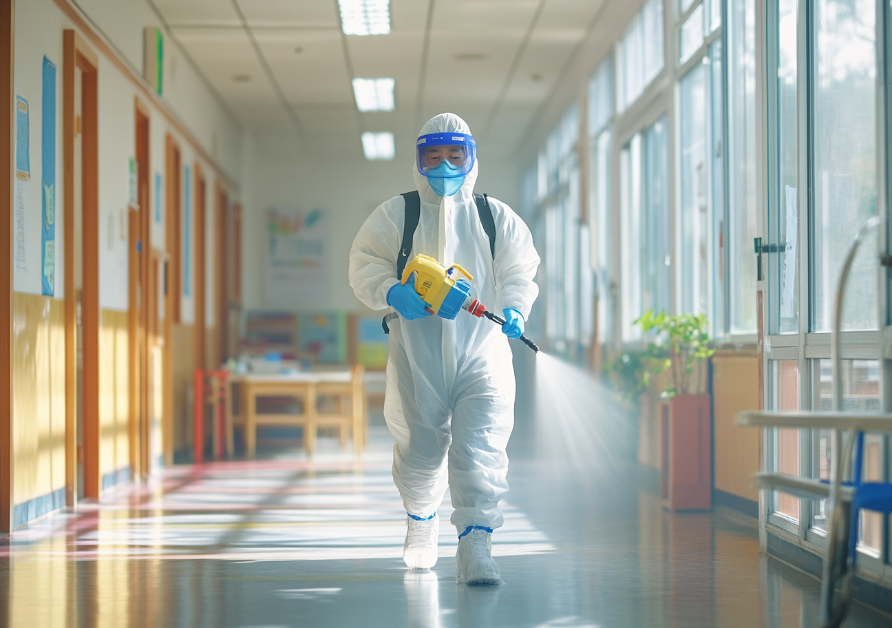 Korean man in protective gear cleaning school with spray.