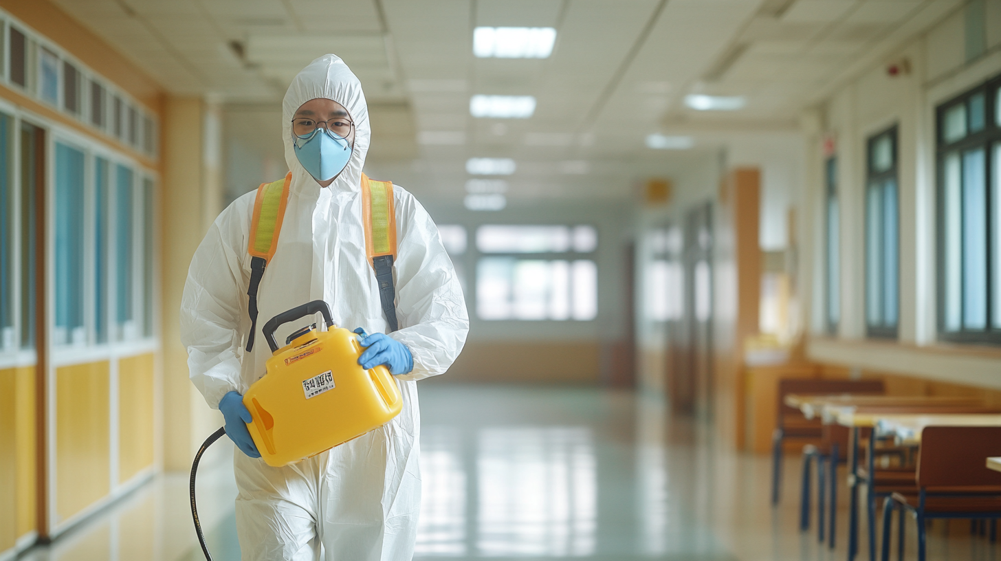 Korean man in protective gear disinfecting bright school.