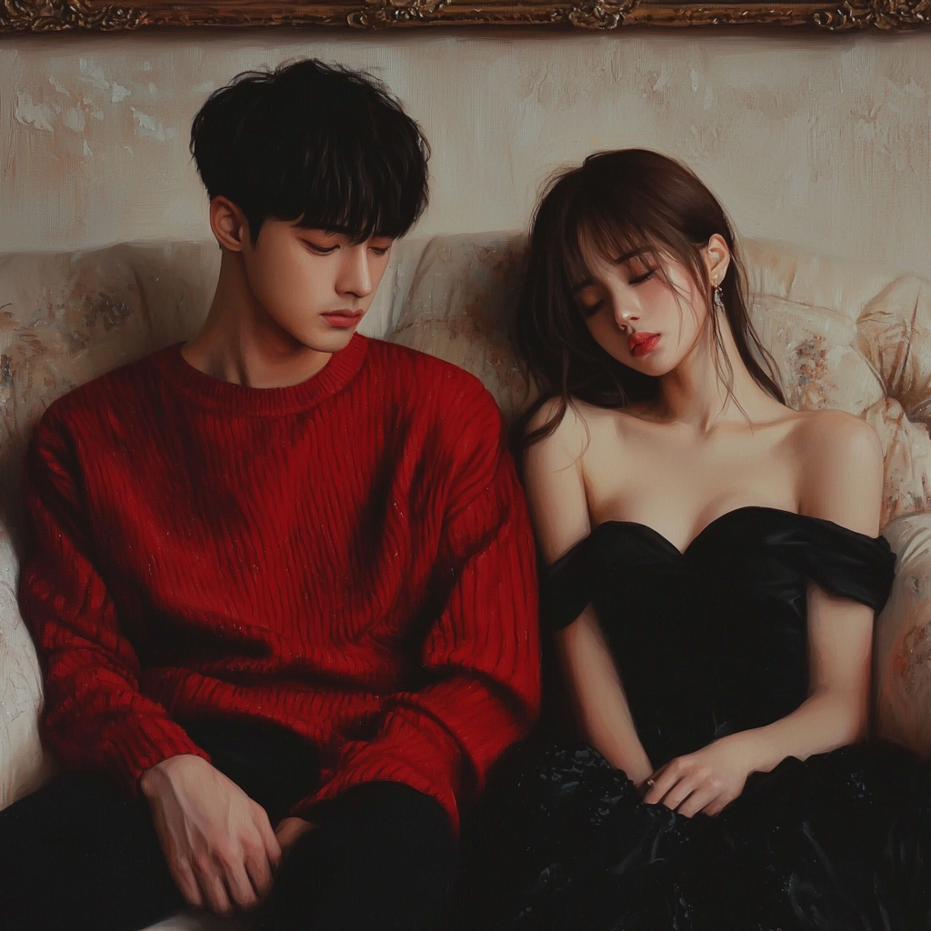 Korean man in red sweater, girl in black dress.