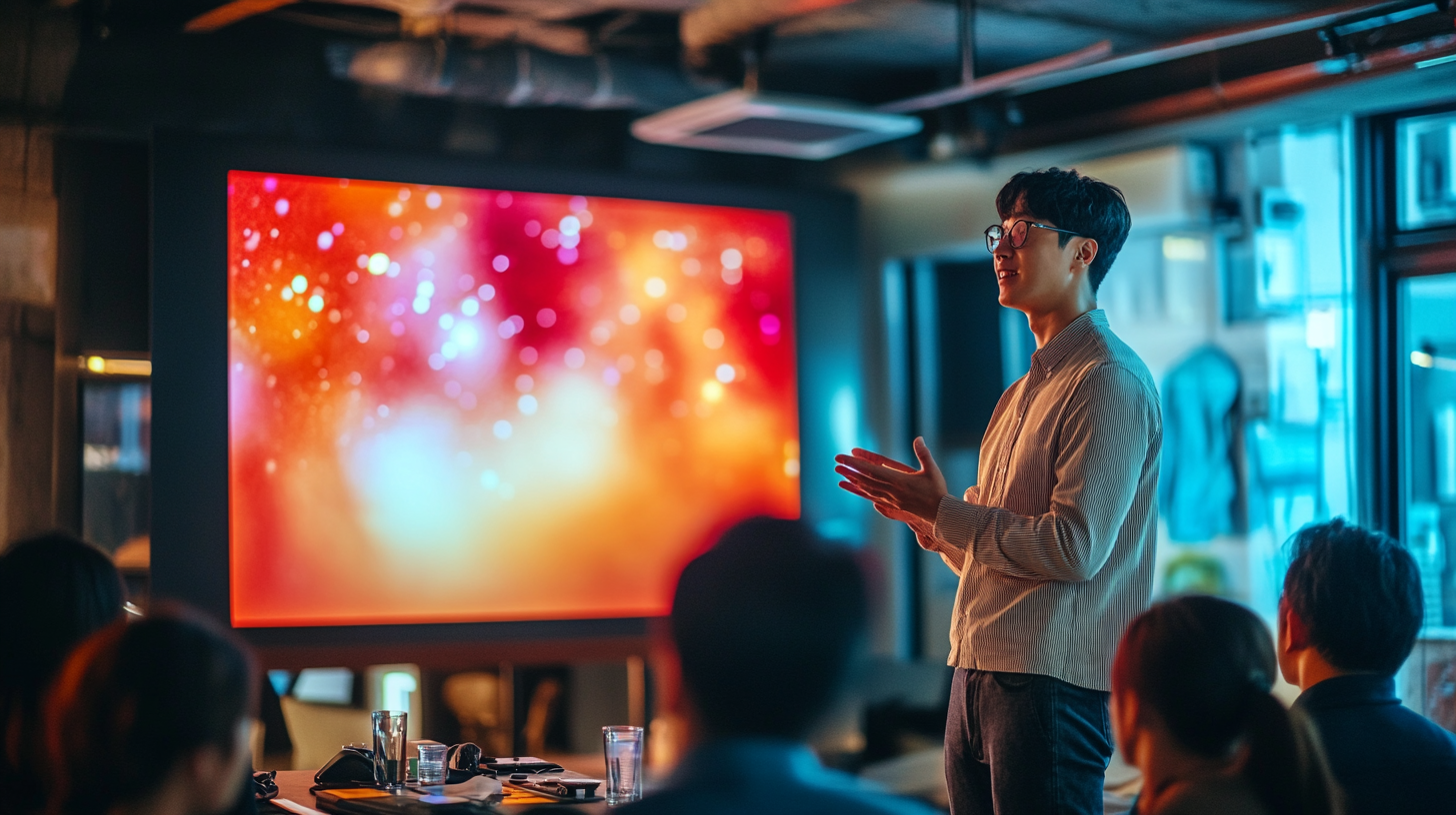 Korean man presenting on large screen to focused audience.