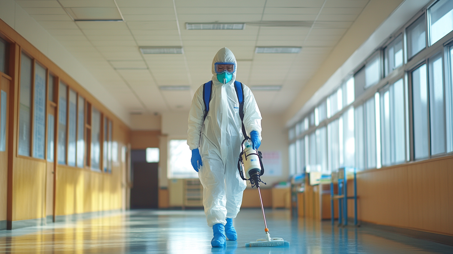 Korean man sanitizing clean school with disinfectant spray machine.