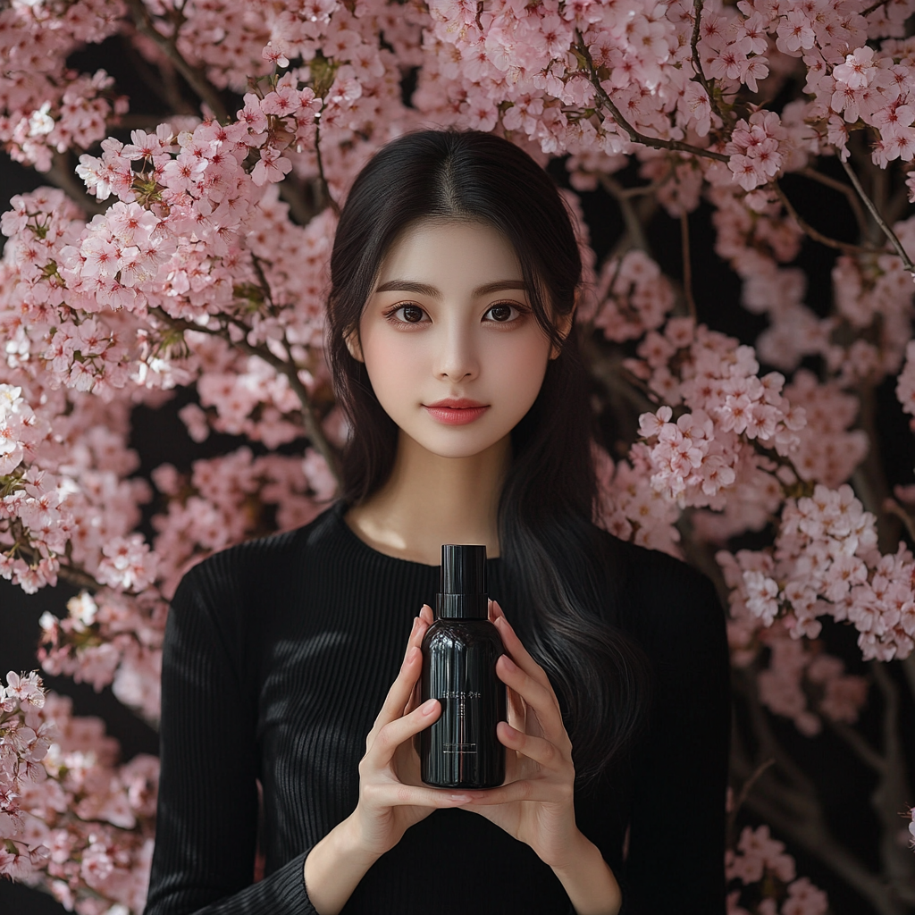 Korean model holding black cream lotion by sakura mockups.