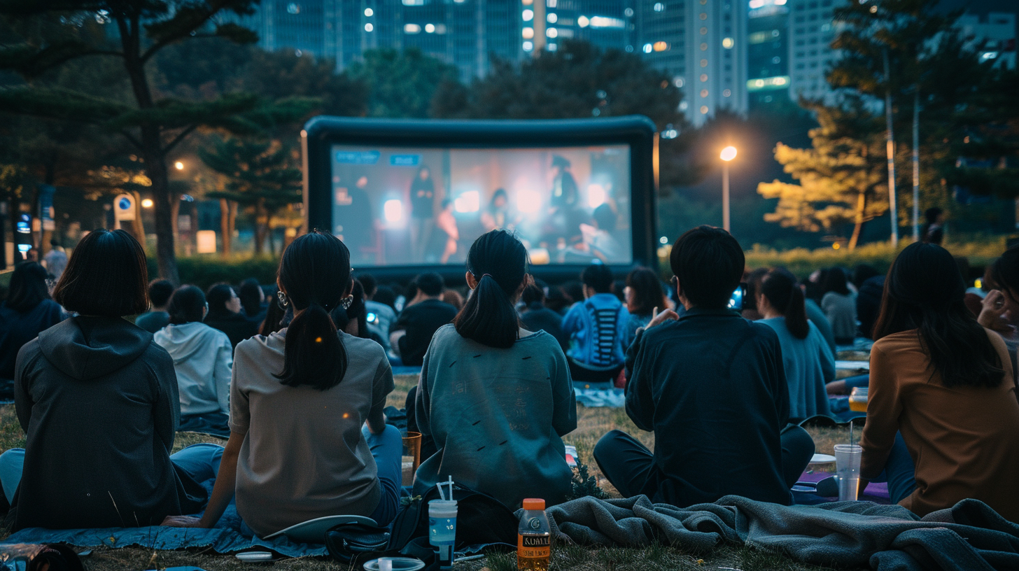 Korean people watching movie outdoors in city park.