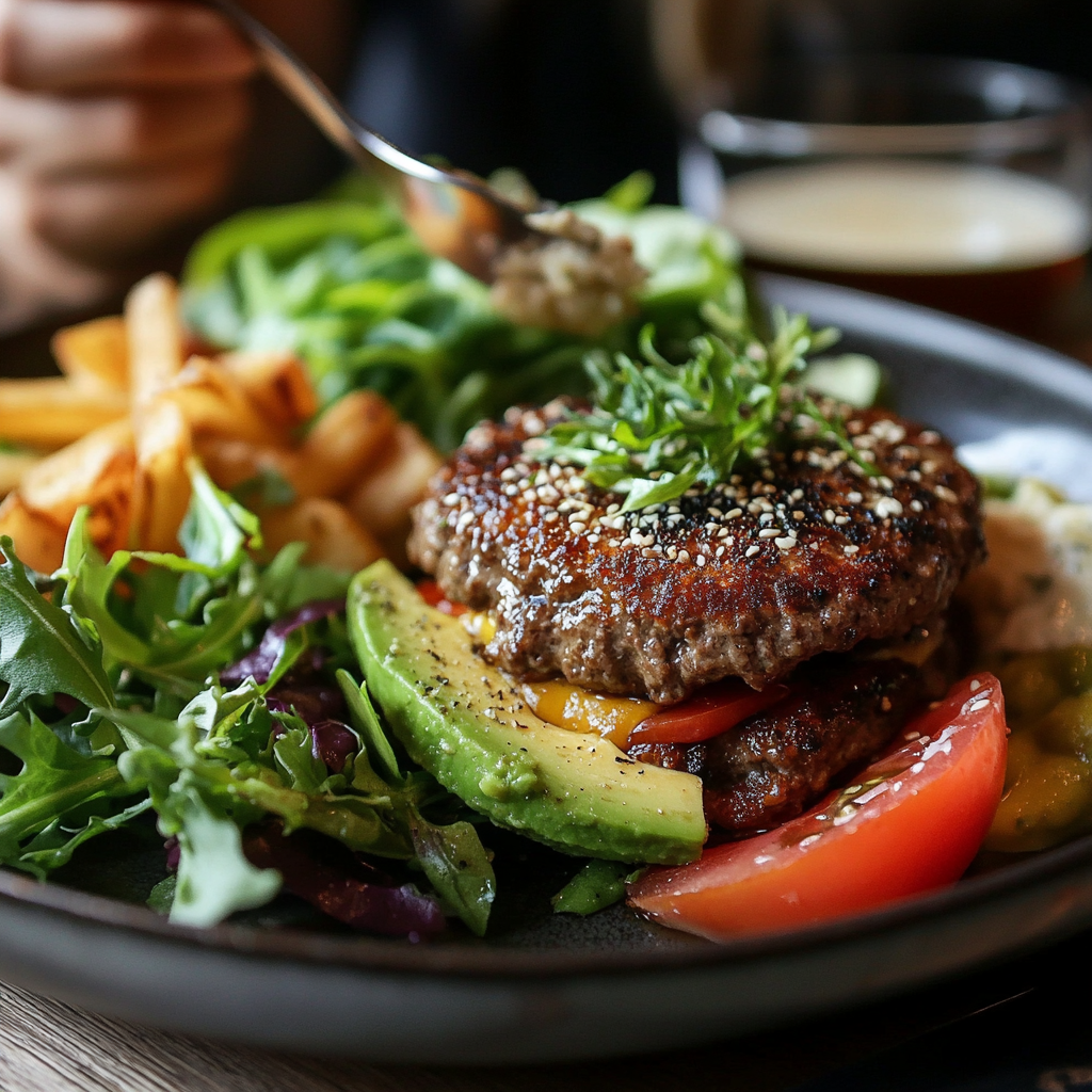 Korean person about to eat grass-fed burger and avocado.