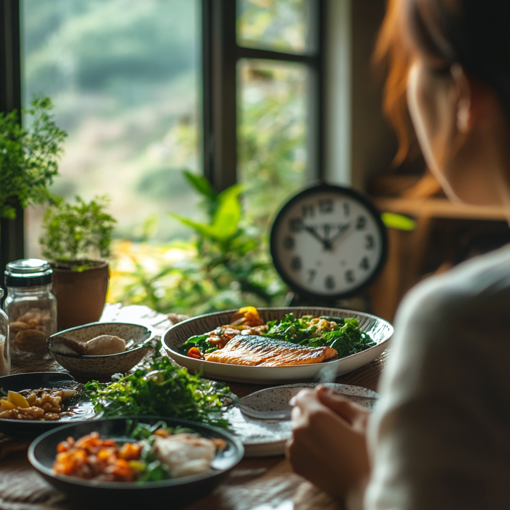 Korean person at dining table ready for balanced meal.