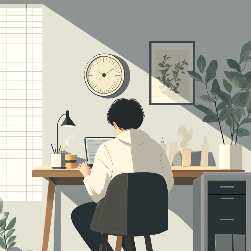 Korean person drinking tea and working from home peacefully.