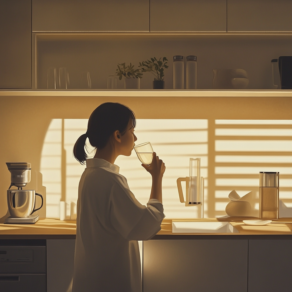 Korean person drinks water in modern kitchen, no food.