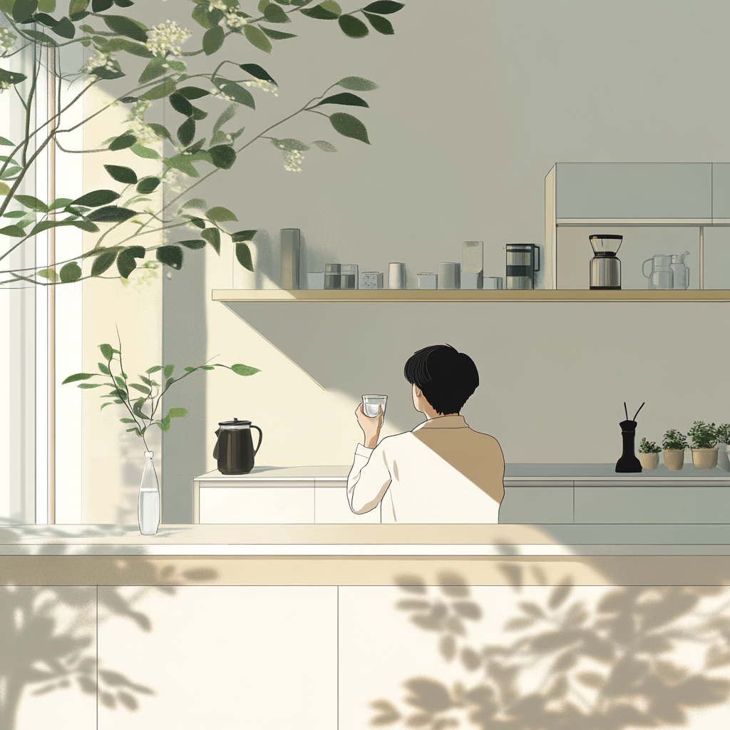 Korean person enjoying water in modern, minimalistic kitchen.