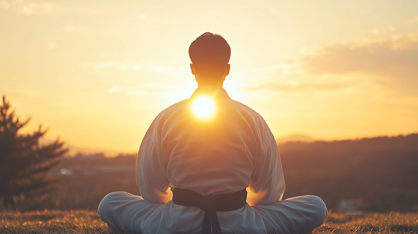 Korean person in Taekwondo uniform kneeling facing sun horizon.