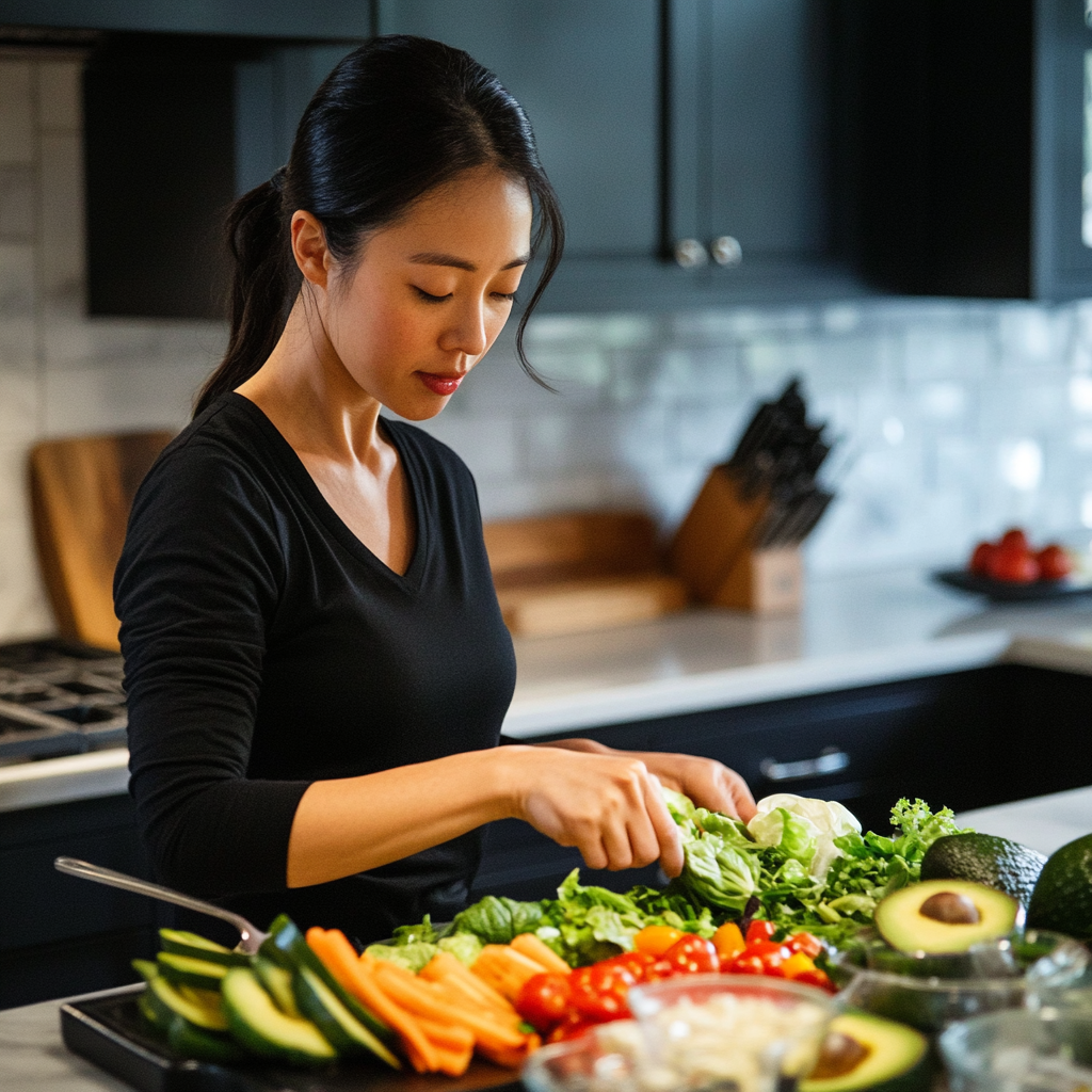 Korean person making salad in organized kitchen. Healthy ingredients.