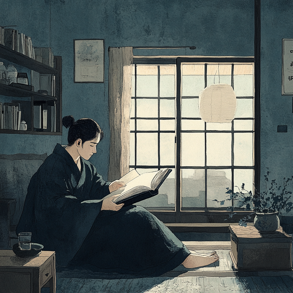 Korean person reading book while fasting in cozy room