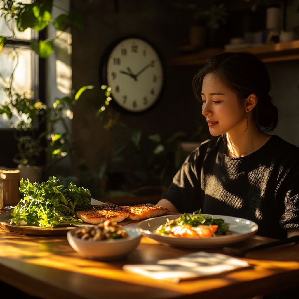 Korean person ready to eat balanced meal mindfully.