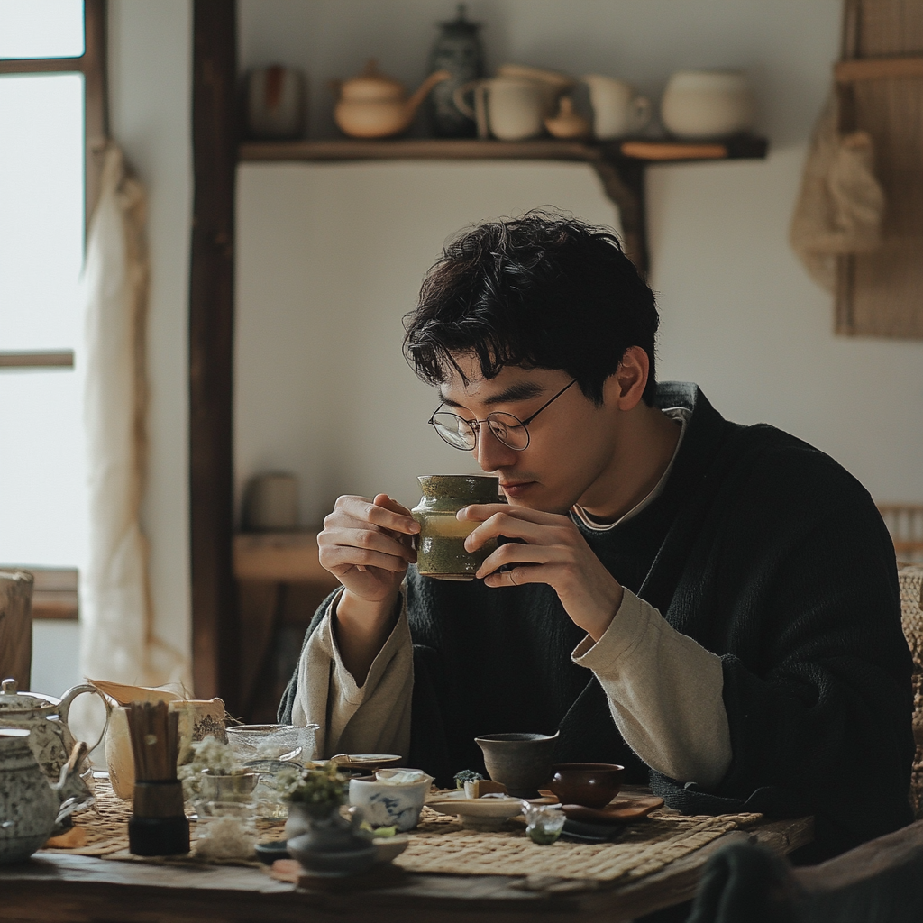 Korean person sipping tea, planning meals for fasting day.