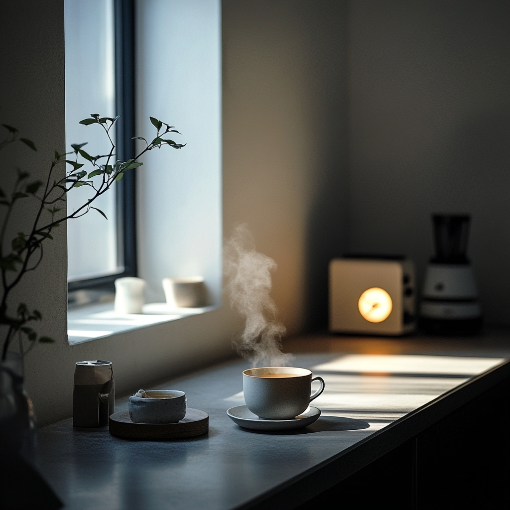 Korean person sipping tea in serene morning kitchen.