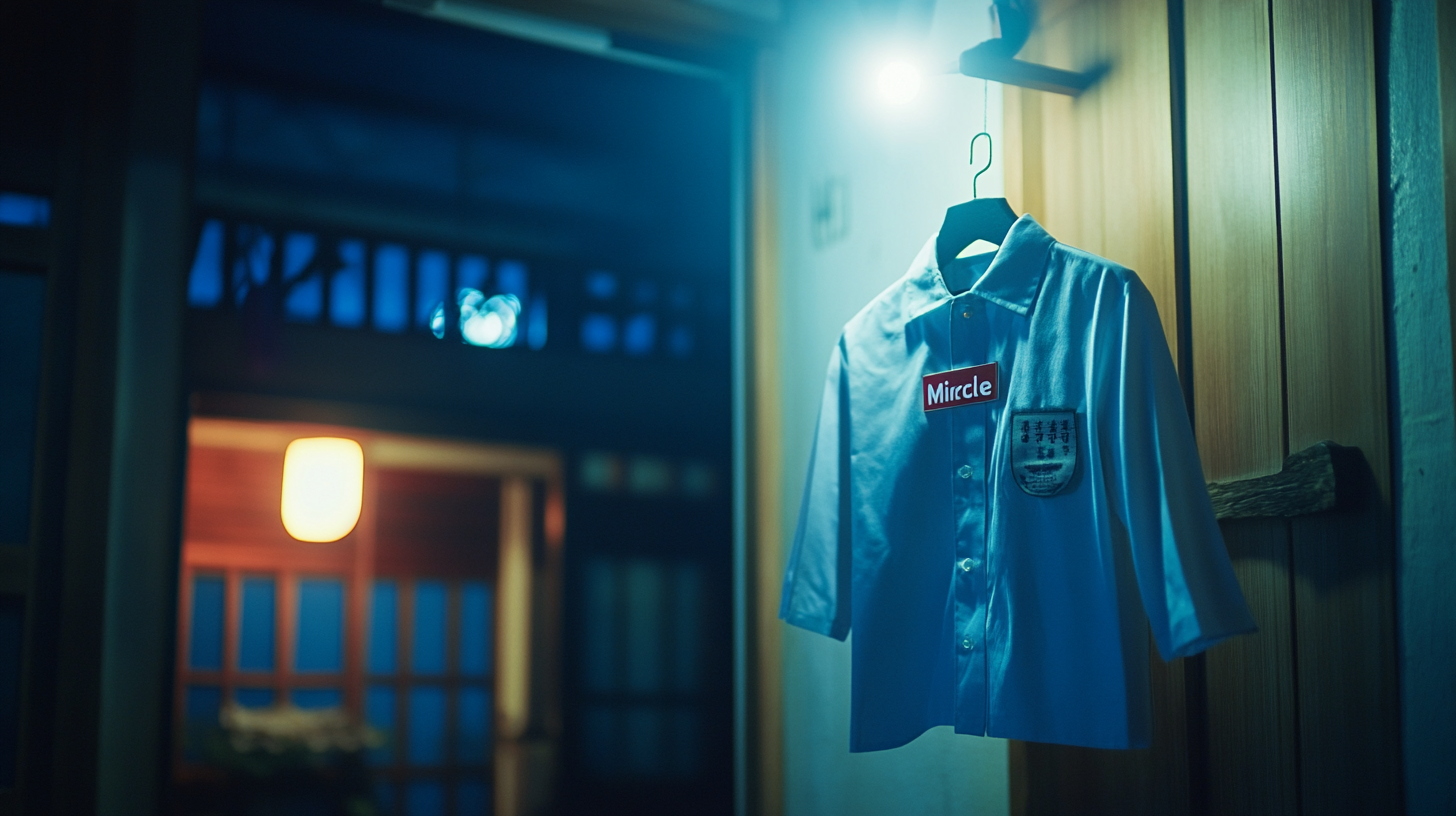 Korean school uniform hanging on door in moonlight.