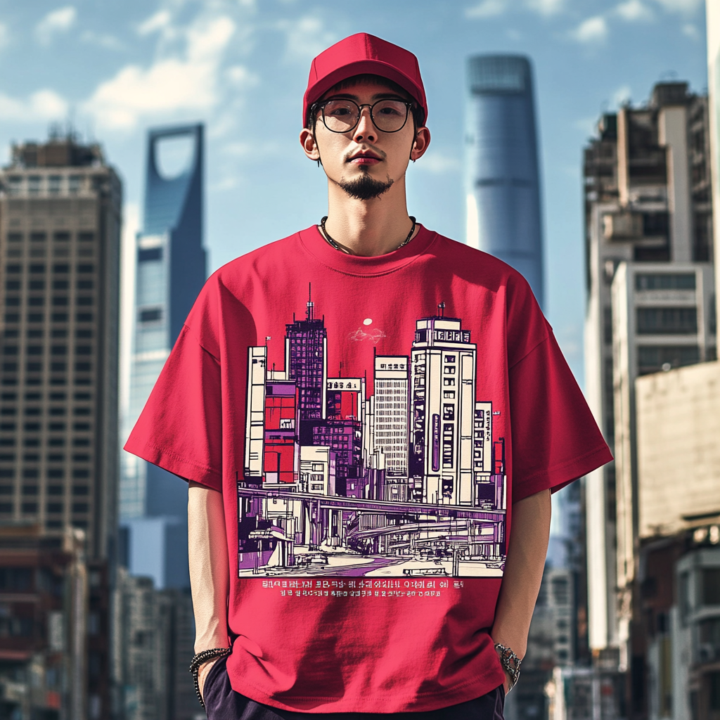 Korean style red shirt with city elements