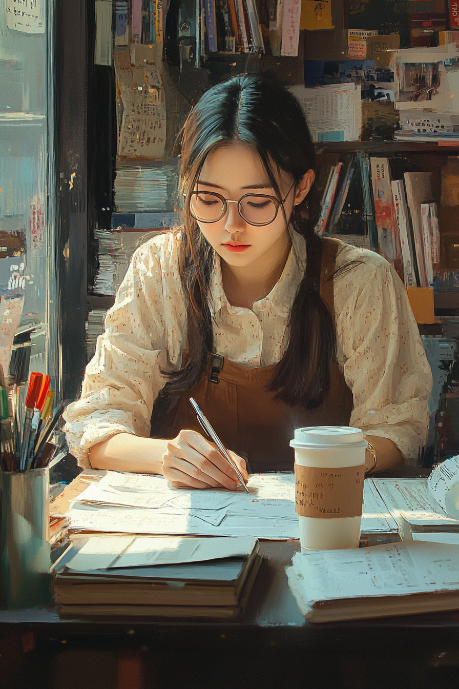 Korean teacher grading papers in Bauhaus cafe with latte.