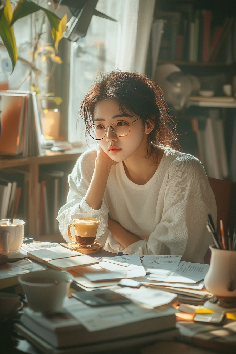 Korean teacher grading papers in stylish coffee shop.