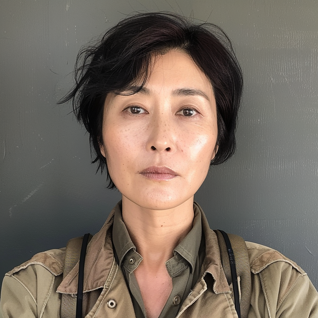 Korean woman, 40, tired look, short haircut, cop-like 