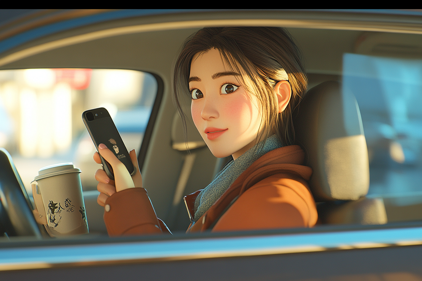 Korean woman in car with phone and coffee