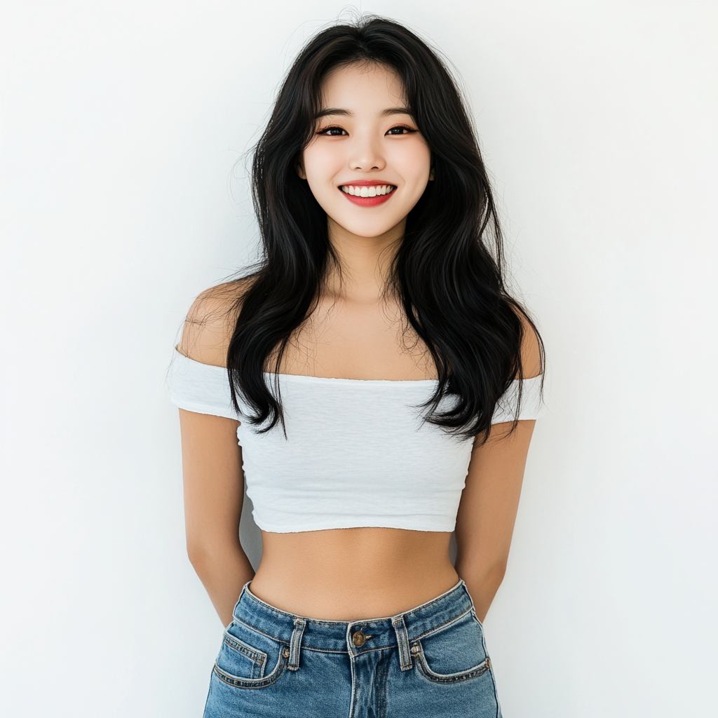 Korean woman in stylish outfit smiling confidently. White background.