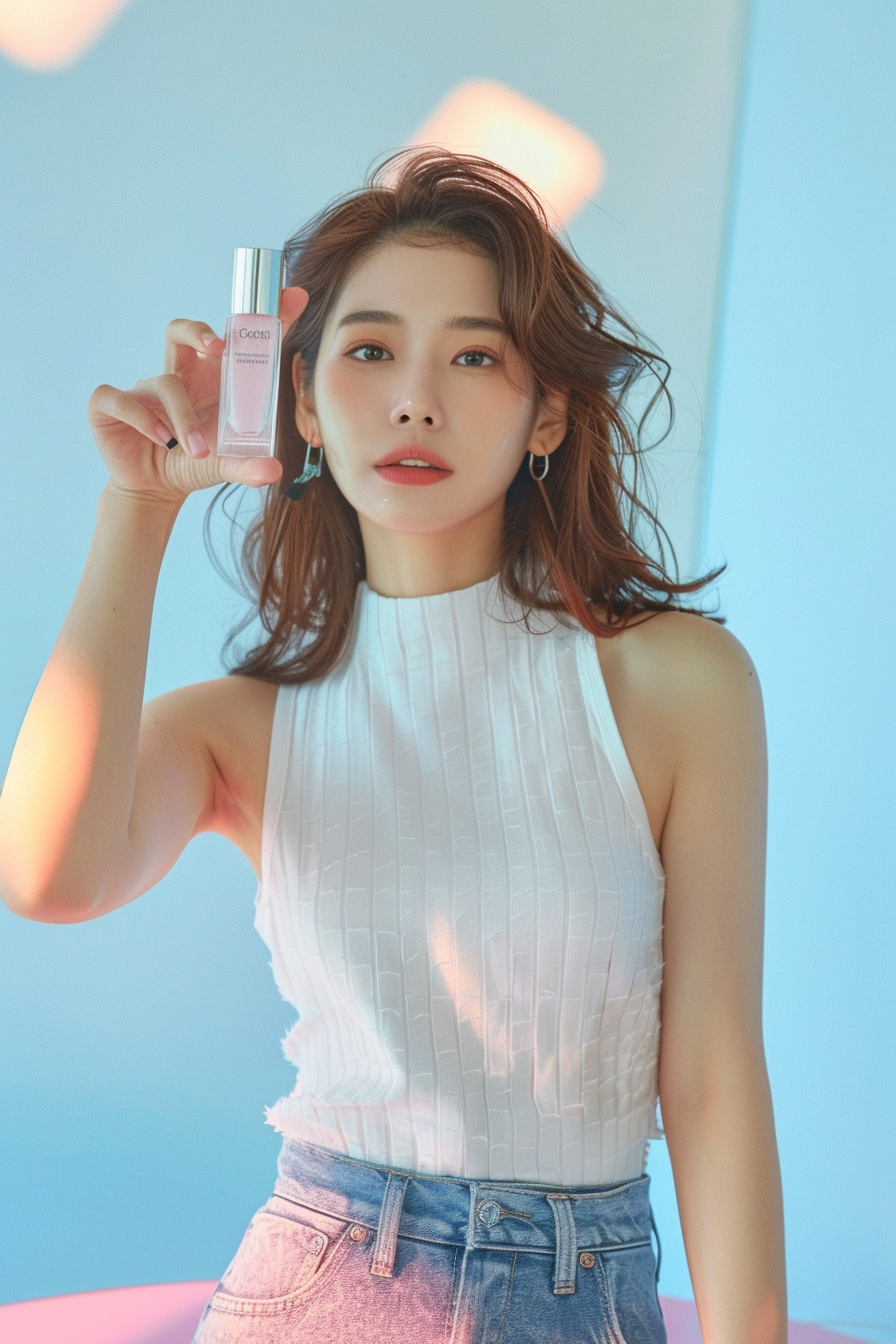 Korean woman in white top promotes cosmetic product.