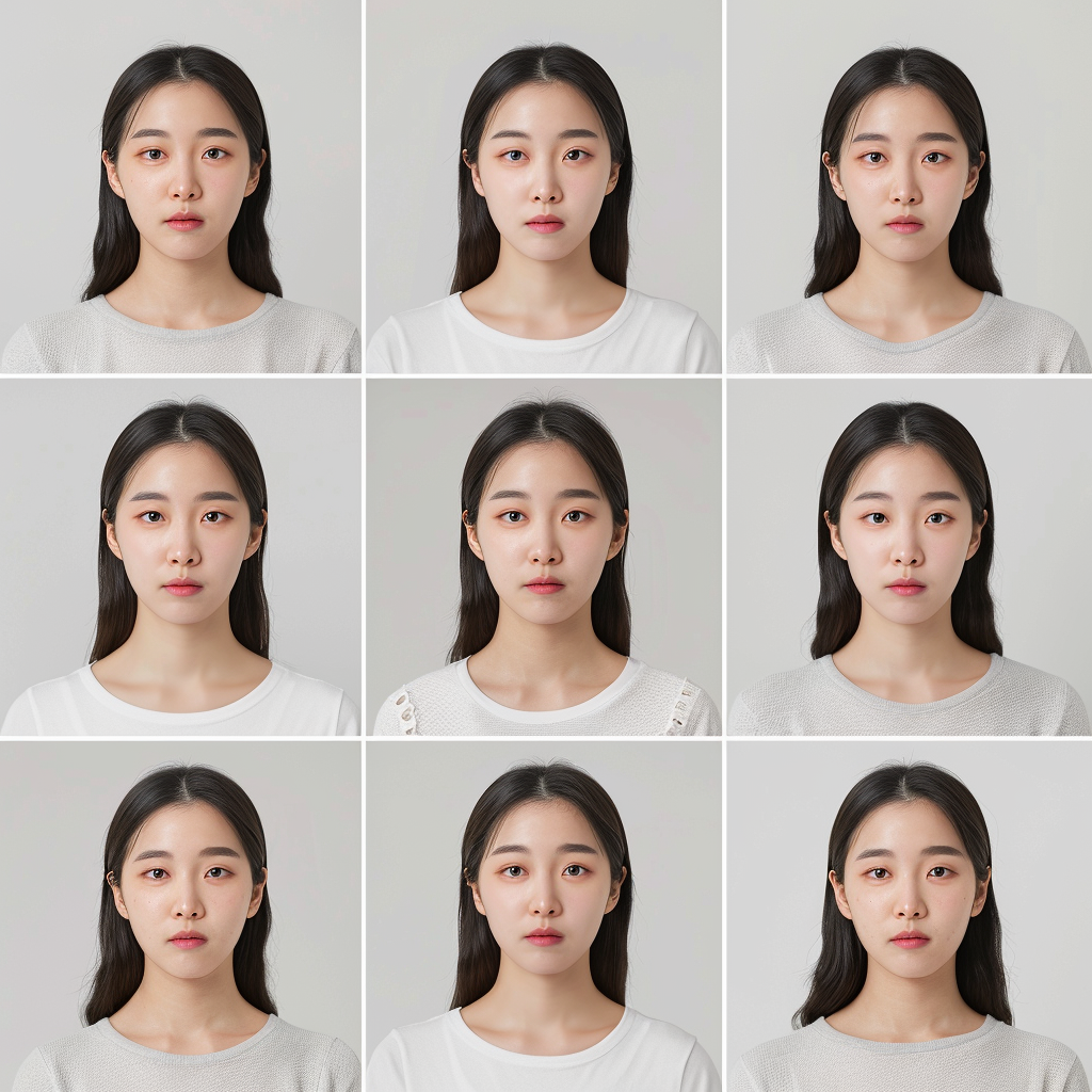 Korean woman portrait in 9 diverse angles, detailed.