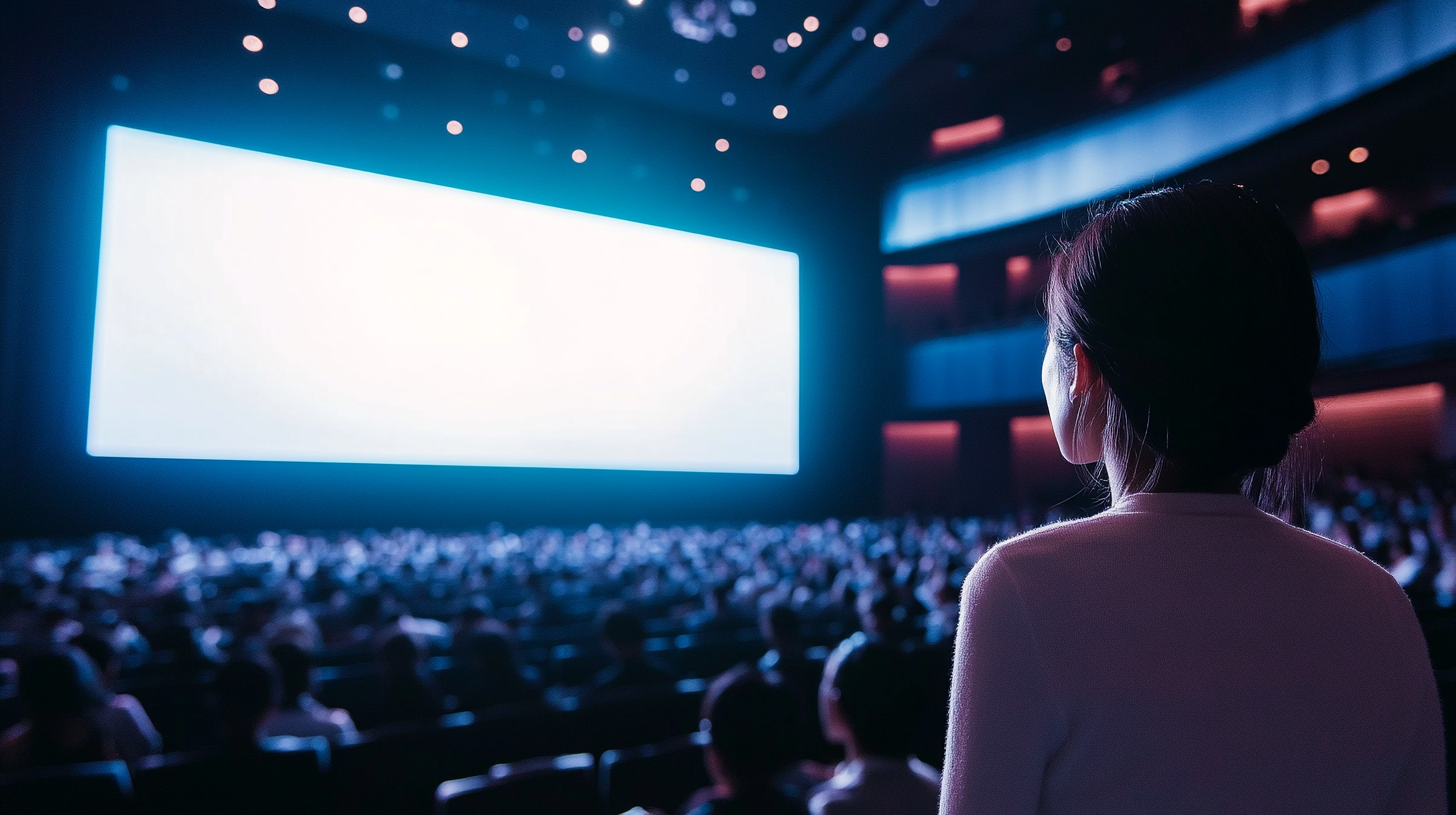 Korean woman presenting in auditorium, focused expressions, large screen.