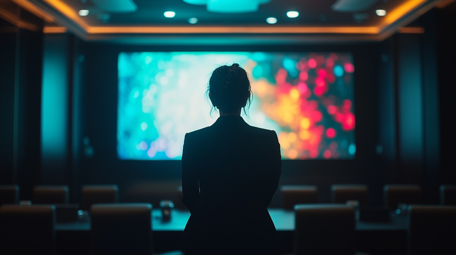 Korean woman presenting in dimly lit conference room.