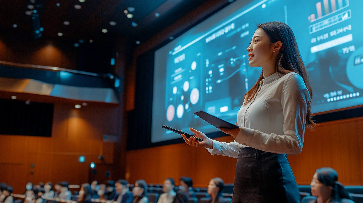 Korean woman presenting lecture in large auditorium, wide shot.