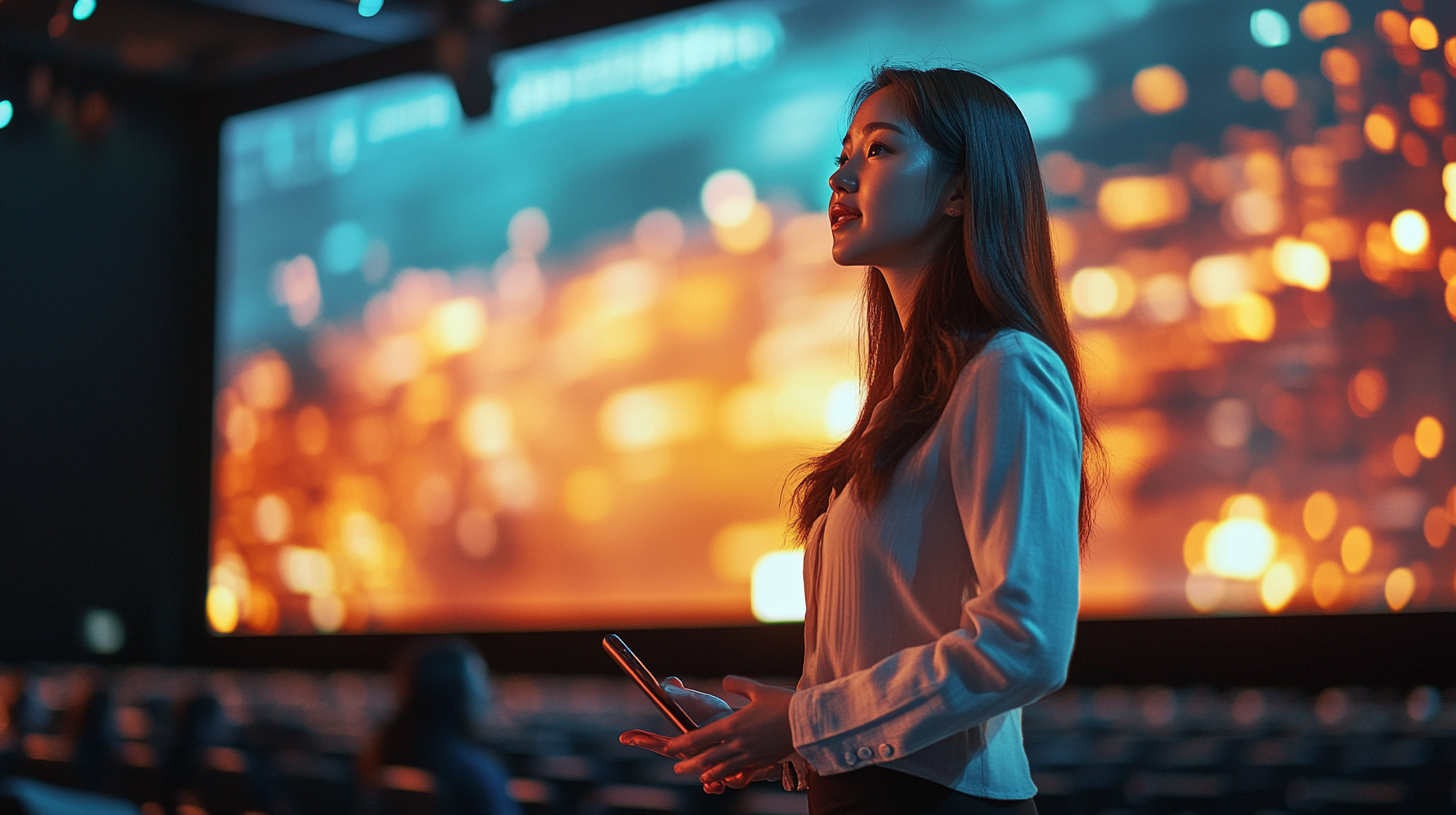 Korean woman presenting on big screen in auditorium.