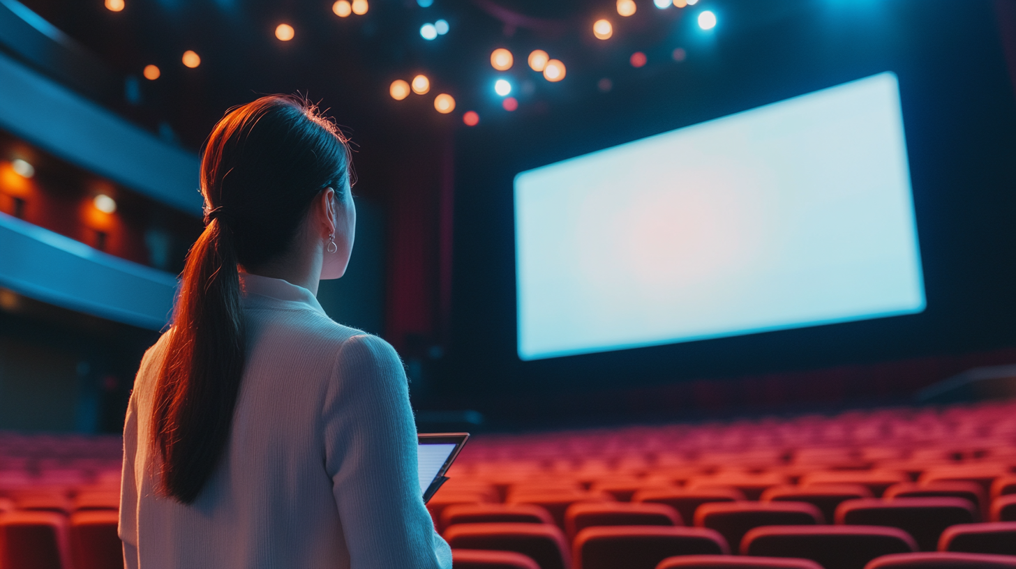 Korean woman presenting on stage with screen light glow.