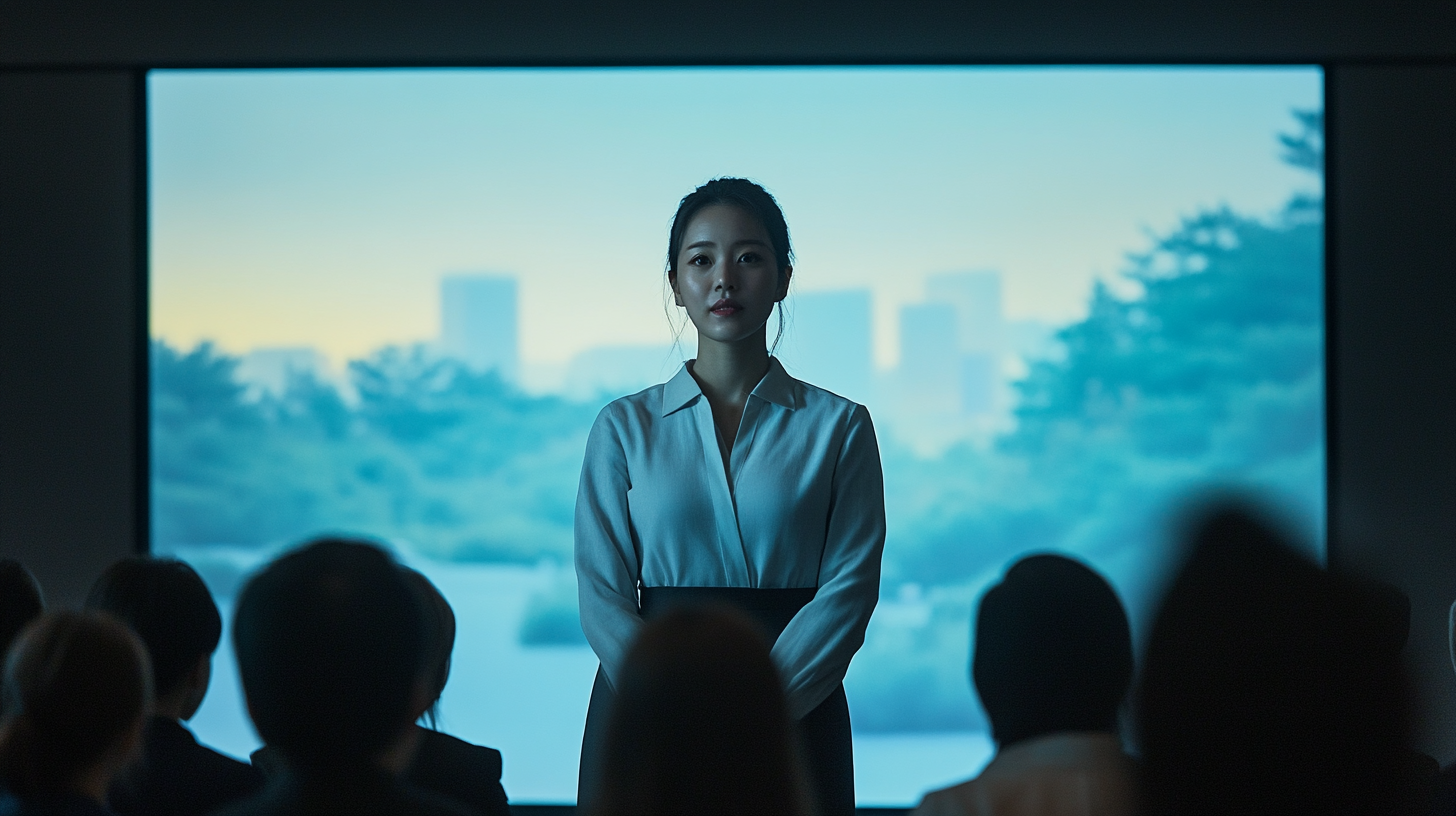 Korean woman presenting to group with modern lighting.