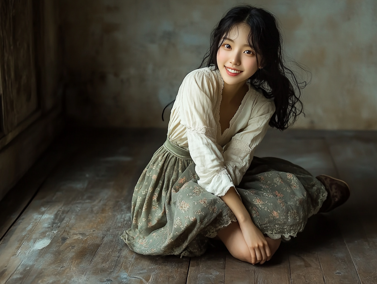 Korean woman resembling Selena Gomez wearing peasant outfit smiling.