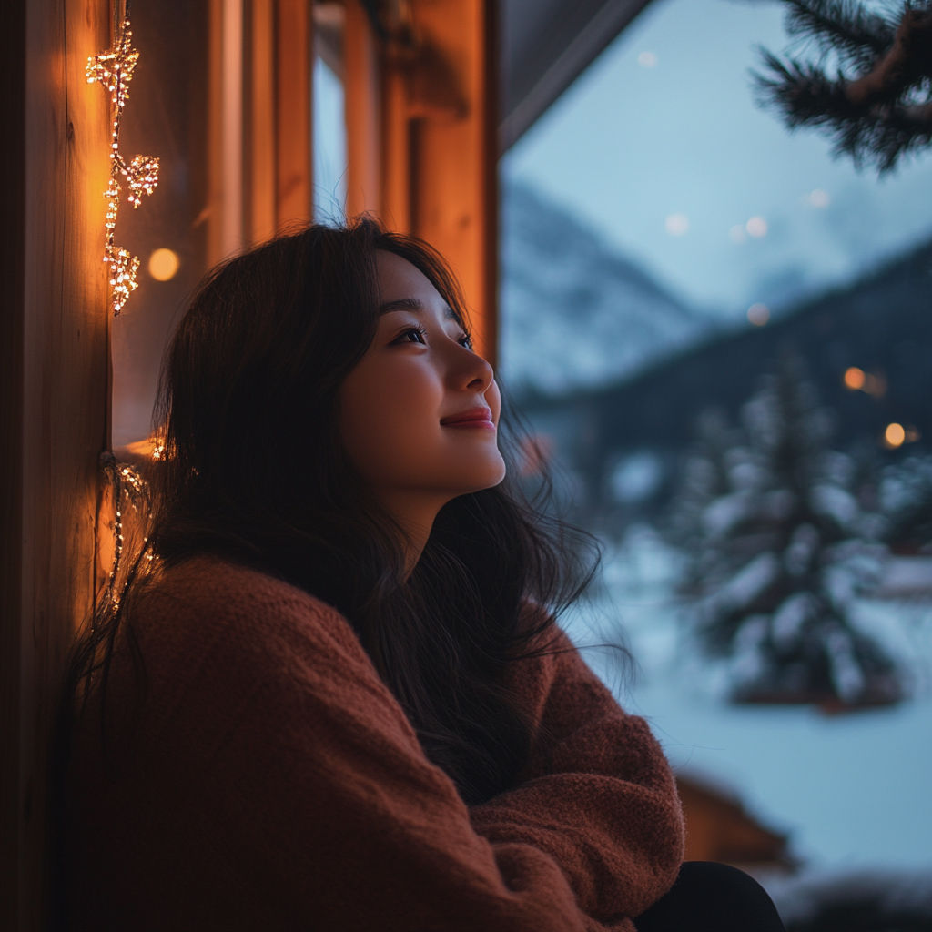 Korean woman smiling in cozy cabin winter wonderland