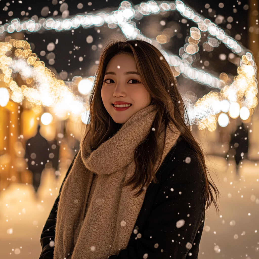 Korean woman smiling in snowy festival town