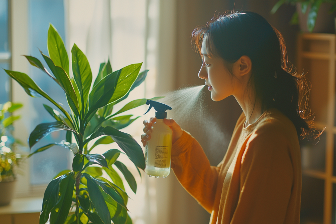 Korean woman sprays water on houseplant in morning