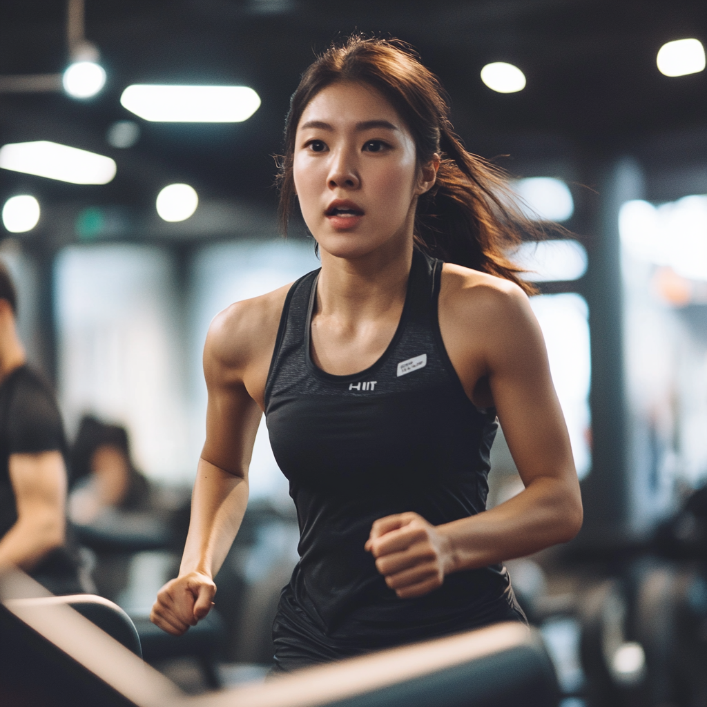 Korean woman sprinting on treadmill in modern gym.