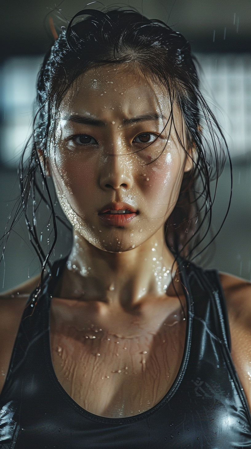 Korean woman sweating, focused on high-intensity gym workout.