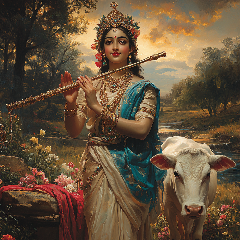 Krishna Playing Flute in Serene Landscape at Sunset