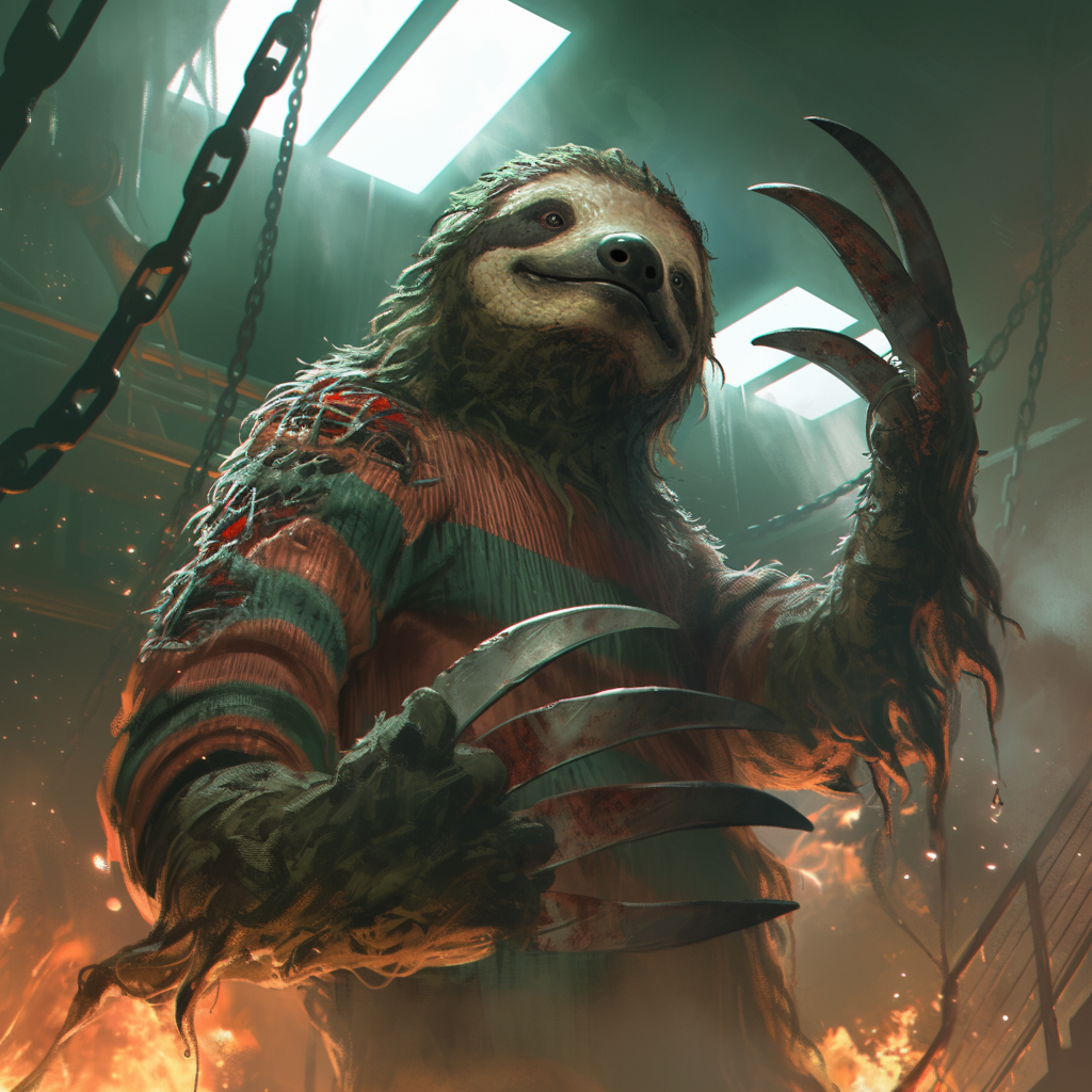 Krueger Sloth: Terrifying Freddy-inspired character in shadowy setting